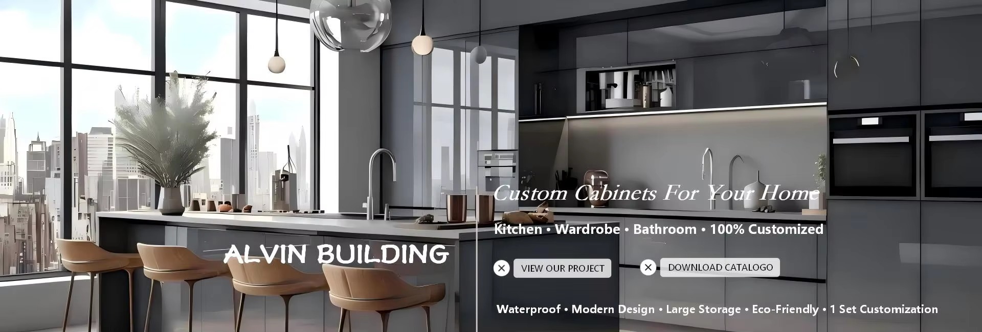 Modern luxury city apartment custom kitchen cabinets banner, Alvin Building custom wardrobes and bathroom vanity cabinet manufacturer
