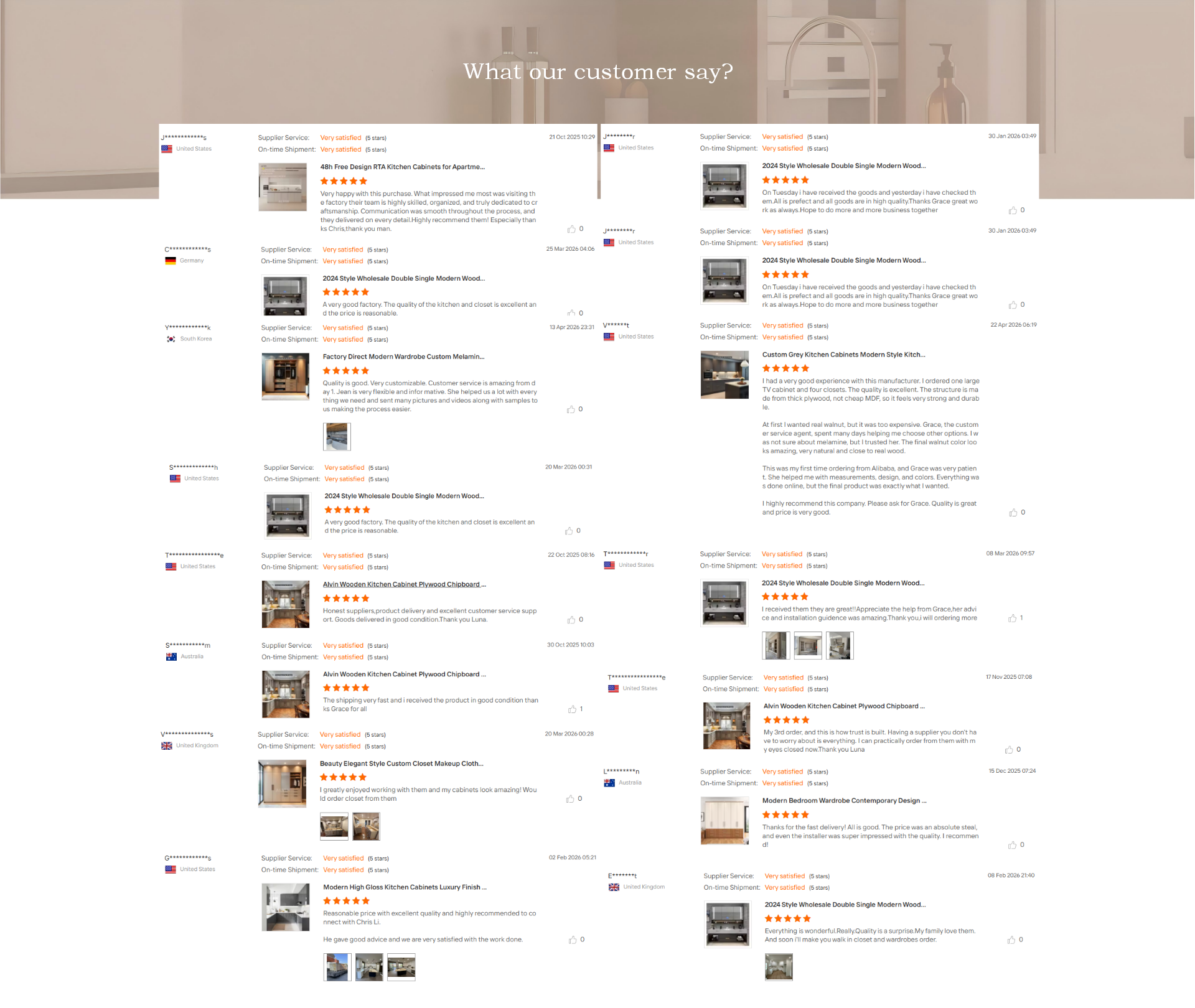 Alvin Building customer reviews and feedback, real buyer testimonials for custom kitchen cabinets, wardrobe and home furniture, verified 5-star supplier reviews